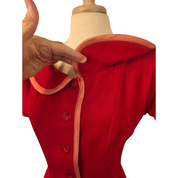 Vintage 50s Joan Miller Juniors Red Wool Dress Sz S Button Front Peach Trim - Picture 6 of 7